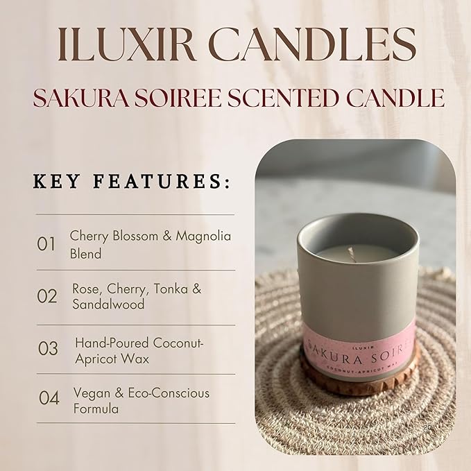 Sakura Soiree Scented Candle – Long Burning Cherry Blossom & Sandalwood Spring Fragrance – Non-Toxic Hand-Poured Coconut-Apricot Wax 13 oz with Luxury Gift Box Made in USA Small Batch Crafted.