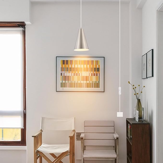 Brushed Nickel Plug In Pendant Light,Hanging Lights with Plug In Cord On/Off Switch, Mini Silver Pendant Lights for Kitchen Island,Modern Chandelier with Metal Shade,Hanging Lamps for Bedroom