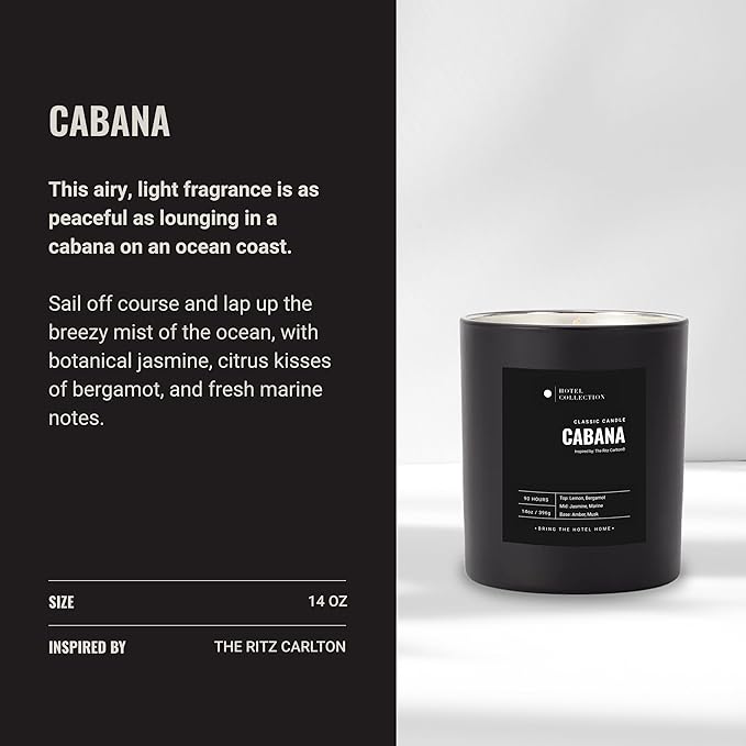 Hotel Collection - Cabana Single Wick Classic Candle - Hotel Inpsired Luxury Candle - 90 - Hours Burn Time - Hints of Marine, Bergamot, and Jasmine - 14 oz - Black