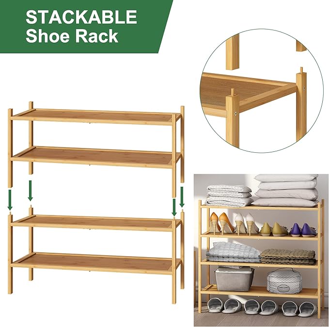 Bamboo Shoe Rack, 2-Tier Shoe Rack for Entryway, Free Standing Shoe Racks for Indoor & Outdoor, Stackable Shoe Organizer for Closet,