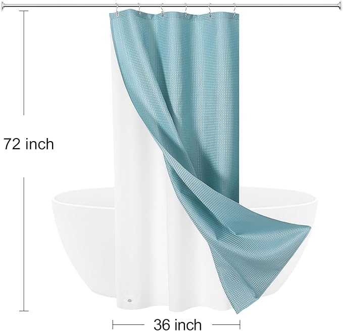 3 in 1 Stall Half Size Shower Curtain Set-36 W x 72 H, Teal Blue Waffle Waterproof Fabric and PEVA Liner Set with Stainless Steel Hooks