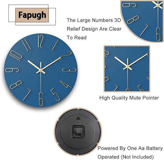 Wall Clock Battery Powered 12 inch Small Clock Analog Clock, Suitable for Home, Office, Bedroom, Kitchen, Classroom, School (Blue)