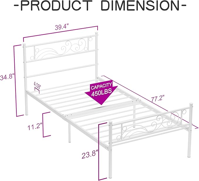 Weehom Twin Size Platform Bed Frame with Flower Design,Strong Metal Slats Support,Easy Assembly no Box Spring Needed White