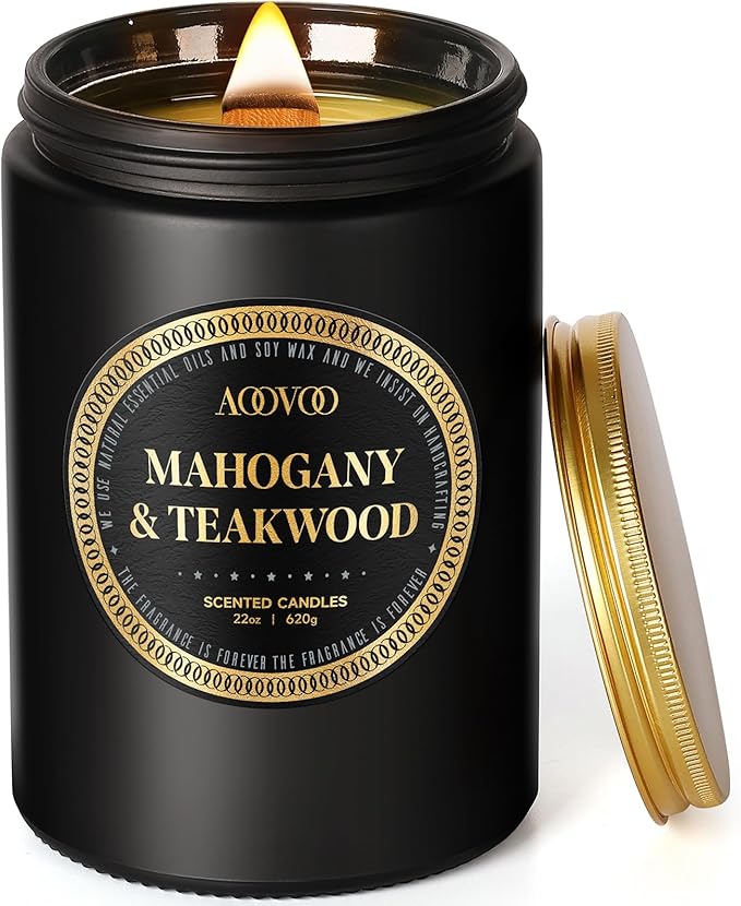 AOOVOO Scented Candles for Men - Large Mahogany & Teakwood Candles for Home Scented | Crackling Wood Wick Soy Candle | Strong Fragranced Masculine Black Candle Gift for Women & Men, 22oz