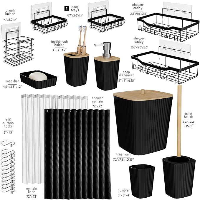 Shower Caddy and Bathroom Accessories Set 25PC Bathroom Accessory Set with Shower Shelf Caddy for Bathroom Storage, Black Shower Curtain Set, Toilet Brush, Trash Can, Soap Dispenser, Toothbrush holder