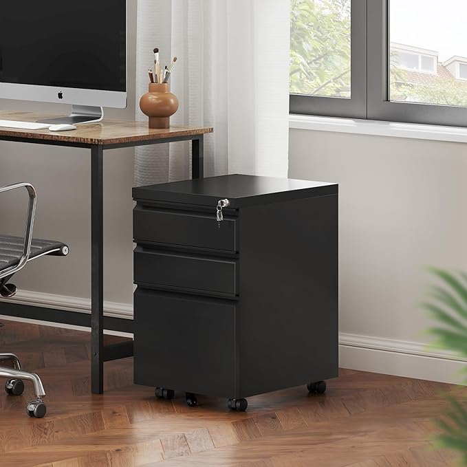 YITAHOME 3 Drawer File Cabinet with Lock, 20” Deep Office Vertical Files, Mobile Metal Filing Cabinet, Metal Vertical Filing Storage Cabinet for Letters/Legal/A4 Size,Black