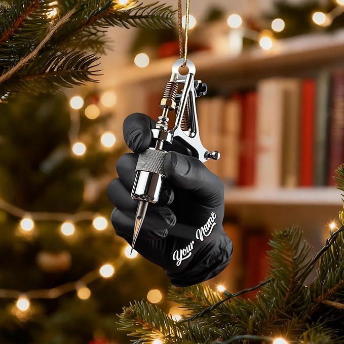 Custom Tattoo Ornament 2025 – Personalized Acrylic 2D Flat Tattoo Machine Ornament, Custom Ink Artist Gift, Tattoo Studio Christmas Tree Decoration, Holiday Keepsake for Tattooes Enthusiasts