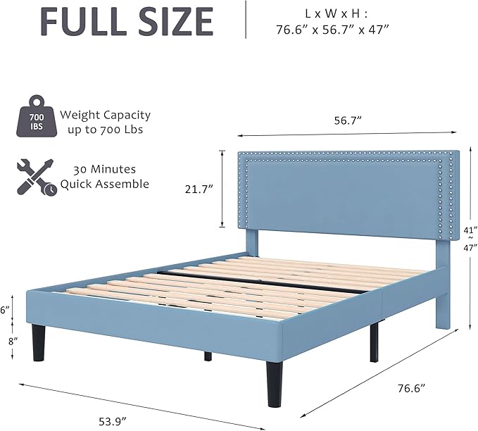 VECELO Full Size Bed Frame with Adjustable Upholstered Headboard, Wooden Slats Platform, Noise-Free Design, No Box Spring Needed, Easy Assembly