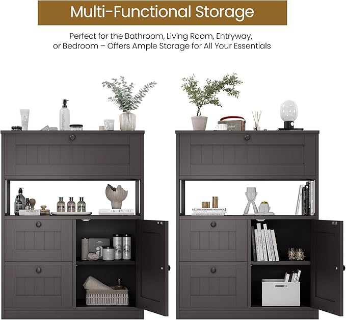 Bathroom Cabinet, Modern Bathroom Floor Storage Cabinet Organizer with 1 Door and 3 Drawers, Freestanding Cupboard for Kitchen/Living Room Use