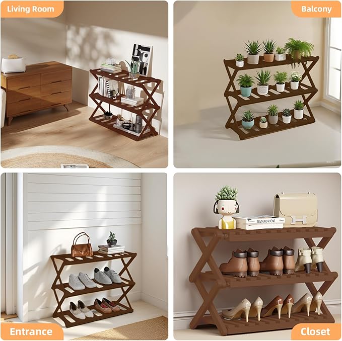 3-Tier Bamboo Shoe Rack, Foldable Shoe Storage Organizer for Closet, Bedroom, Entryway & Living Room - Portable No-Assembly Design, Space-Saving for Shoes & Accessories(3 Tier) (Dark Brown)