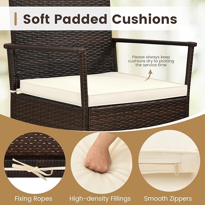 Tangkula 3 Pieces Rocking Wicker Bistro Set, Outdoor Front Porch Rocker Chairs Conversation Set with 2-Tier Tempered Glass Coffee Table and Thick Cushions for Garden, Balcony, Poolside (Off White)