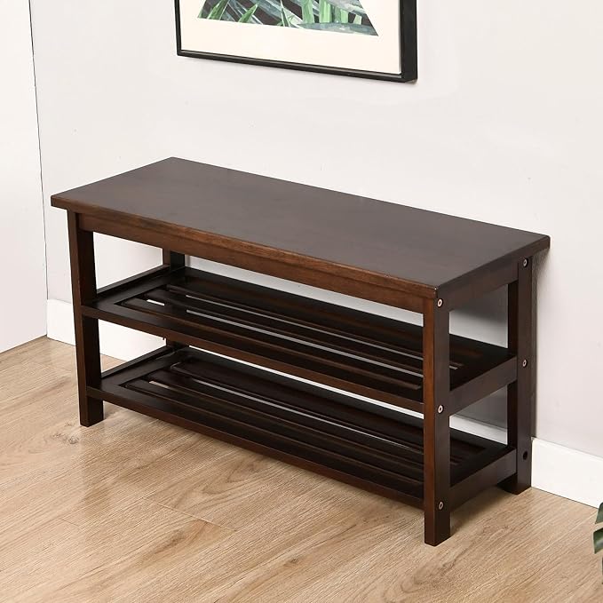 CONSDAN Wood Shoe Bench Rack, USA Grown Hickory, Entryway Bench with Shoe Storage, Mud Room Bathroom, Front Door, Outdoor/Indoor, Dark Walnut(Black)