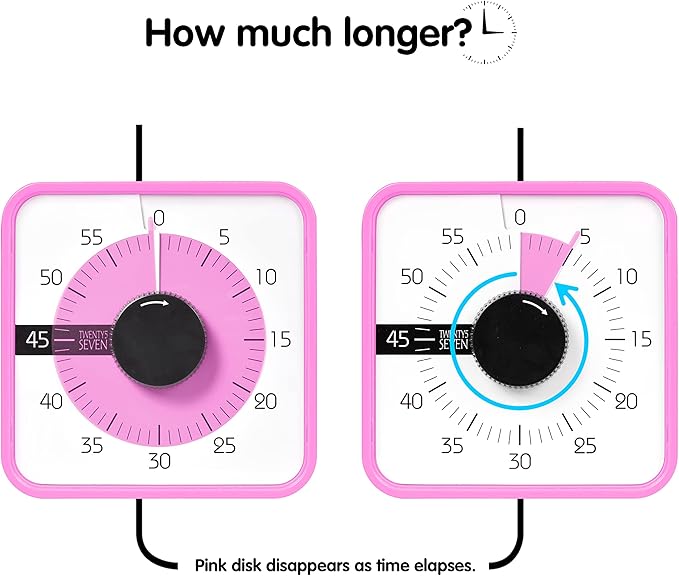 TWENTY5 SEVEN Countdown Timer 7.5 inch; 60 Minute 1 Hour Visual Timer – Classroom Teaching Tool Office Meeting, Mechanical Countdown Clock for Kids Exam Time Management Magnetic, Pink