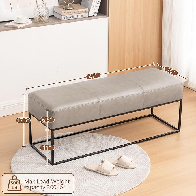 Leather Entryway Bench, Modern Long Leather Ottoman Bench Seat with Metal Frame, 47'' Upholstered Bedroom Bench for Living Room Entryway Window, Taupe