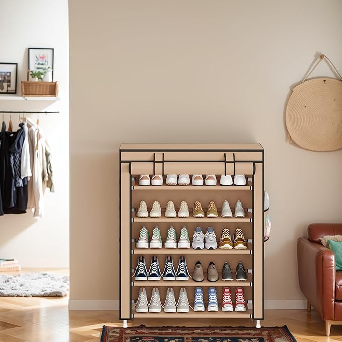 Laiensia 5-Tier Vertical Shoe Rack Organizer, Space Saving Shoe Storage Organizer, Non-Woven Cover Shoe Shelf Holds 20-25Pairs for Bedroom, Hallway, Closet Entryway, Brown