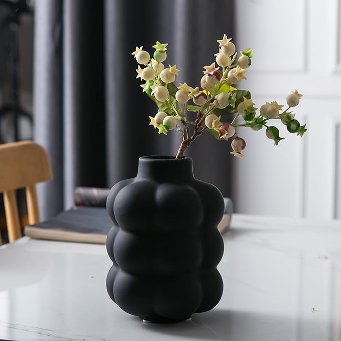 Black Ceramic Vase - Small Spherical Flower Vase for Centerpiece, Three Floors Design for Modern Home Decor, Boho Decorative Vase - 6.7" Tall