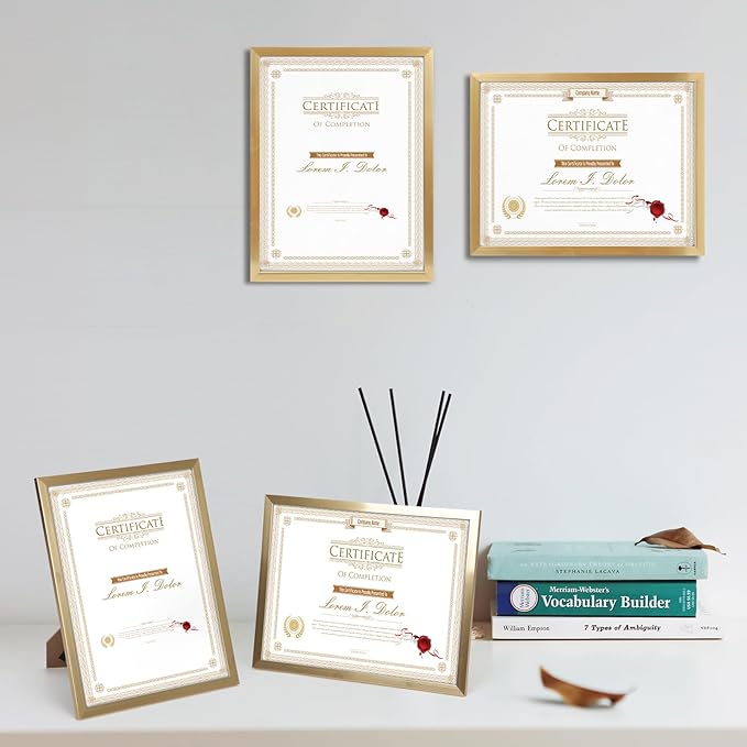 WIFTREY 16 Pack 8.5x11 Certificate Picture Frames, Multi 8.5 by 11 Photo Frame Bulk for Document Award, Wall Hanging or Tabletop Display, Gold