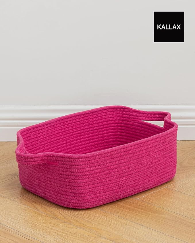 KALLAX Small Woven Basket, 14 x 10 x 5.6 Inches, Small Storage Baskets for Organizing, Gift Baskets Empty, Cute Rope Shelf Closet Storage Bins for Shelves, Dog Toy Basket, Hot Pink