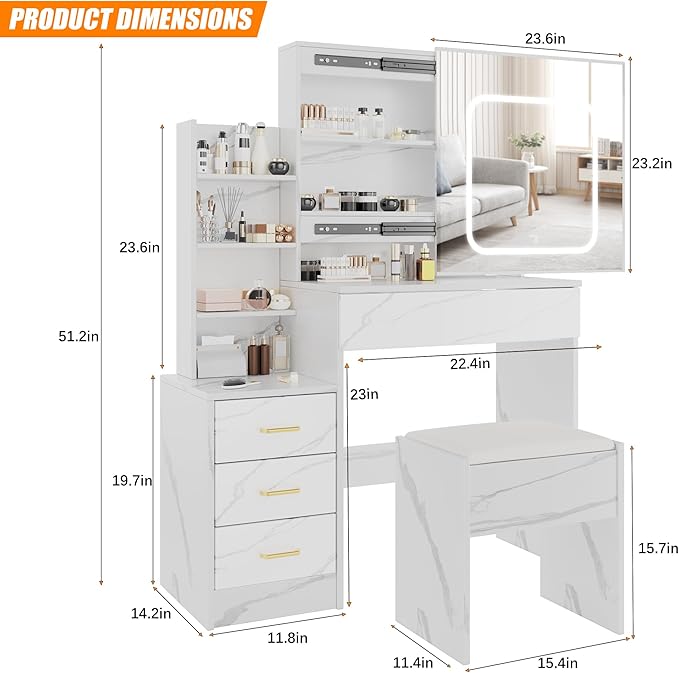 Vanity Desk With Mirror and LED Lights, Makeup Vanity Desk With Sliding Mirror, Power Outlet, 3 Color Adjustable Light, Dressing Table With 4 Drawers, Storage Shelves & Stool for Bedroom, Marble-White