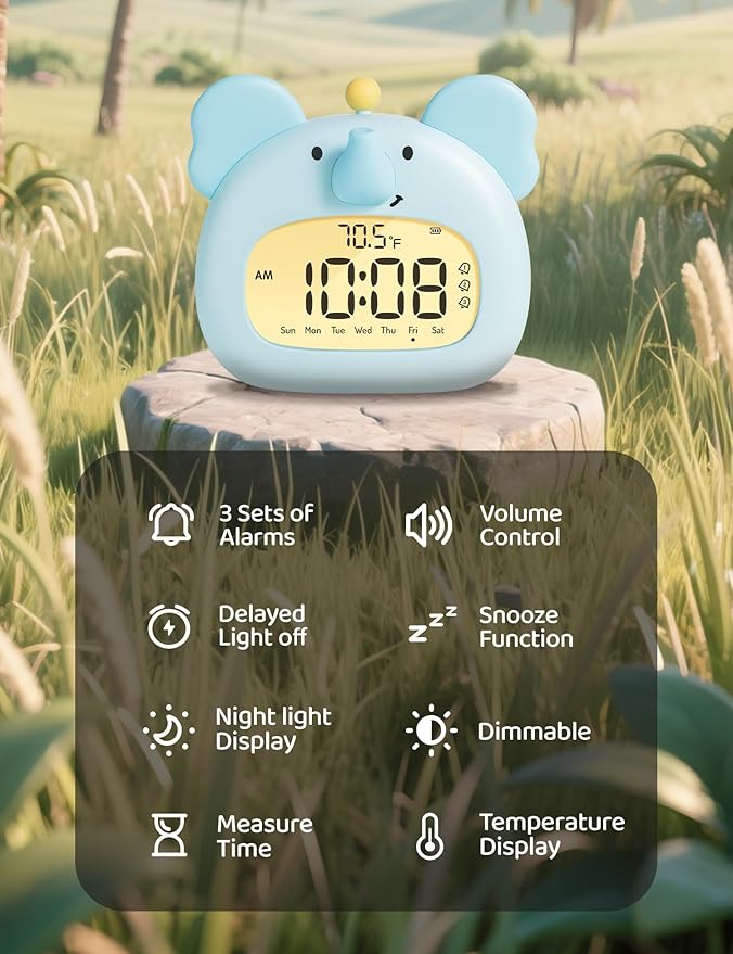 Elephant Alarm Clock for Kids Bedroom, Blue Elephant Animals Clock with Night Light, Adjustable Dimming, 3 Alarms, Loud, Timer, Boys Alarm Clocks Gift