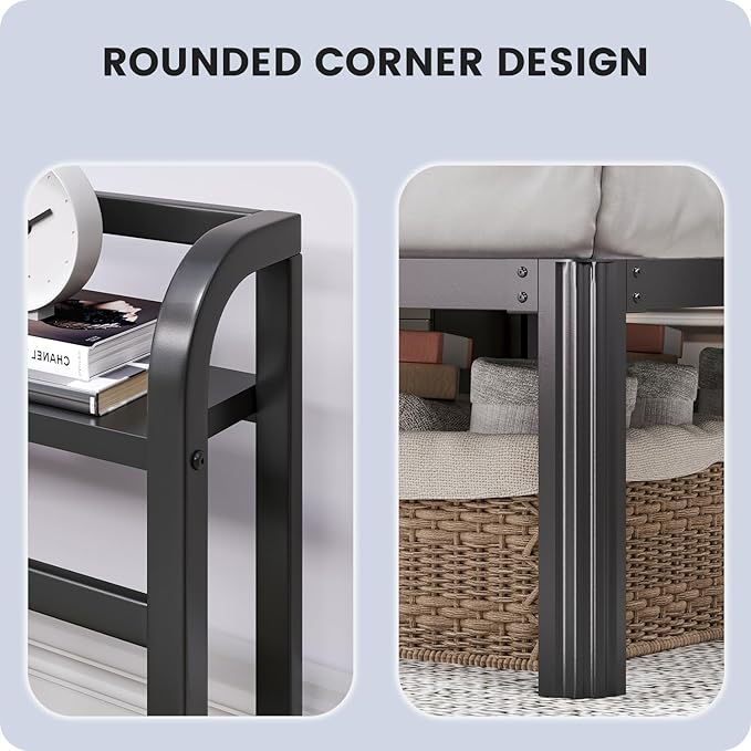 Full Bed Frame - Storage Headboard with Charging Station & Galaxy Aurora Projector, 14 Inch Sturdy Metal Platform Bed Frame No Box Spring Needed, Easy Assembly, No Noise, Black