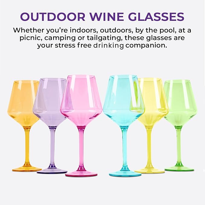 Acrylic Colored Wine Glasses Set of 6 | BPA-Free Plastic, Tritan & Acrylic - Stemmed wine glasses, Dishwasher Safe, Unbreakable Glass for Indoor & Outdoor (jewel)