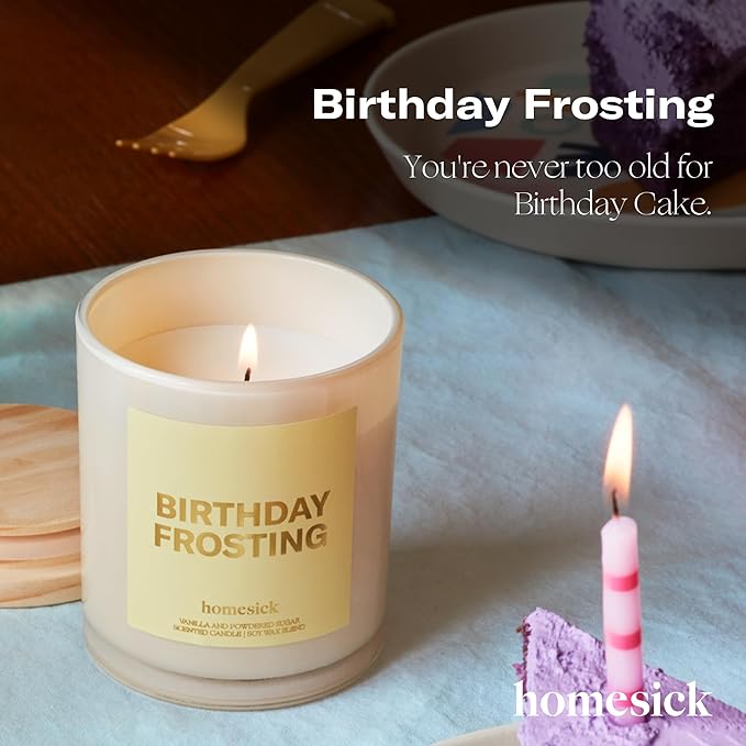 Homesick Scented Candles for Home (Birthday Frosting) - 7.5 oz Long-Lasting Natural Soy Wax Blend Jar Candle Gift for Women & Men, 30-35 Hours Burn Time - Notes of Orange Flower & Honey