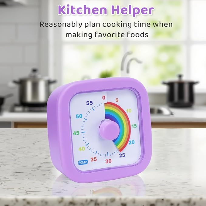 60 Minute Visual Timer for Kids and Adults, Square Countdown Timer with Rainbow Pattern, Desk Timer Kids Time Kitchen Timer Management Tools for Classroom Office Home, Purple