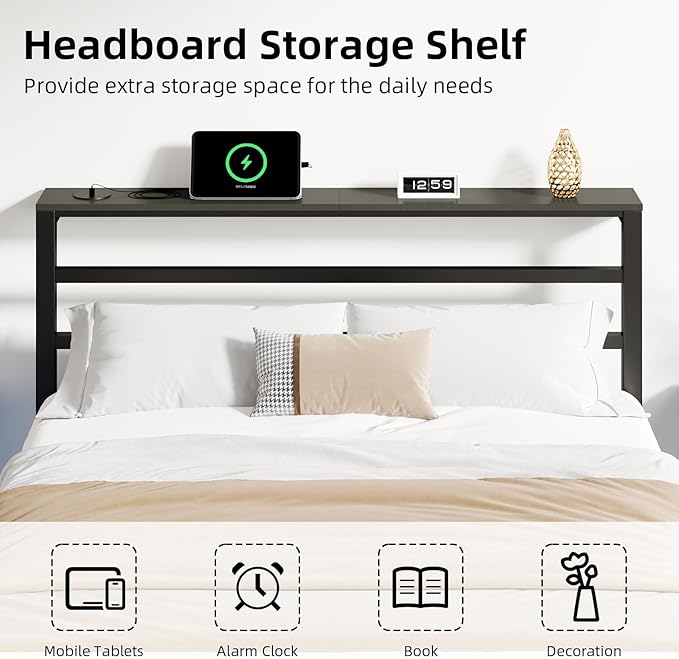 Queen Size Bed Frame with LED Lights, Metal Platform Bed Frame with Storage Headboard, Bed Frame Queen Size with Charging Station, Heavy Duty Metal Slat, No Box Spring Needed, Easy Assembly, Black
