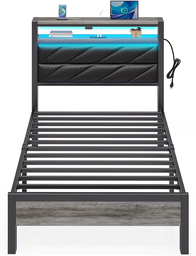 Seventable Bed Frame Twin Size with Charging Station, LED Bed with Upholstered Storage Headboard, Metal Platform Bed with Under Bed Storage, No Box Spring Needed, Noise Free, Easy Assembly, Black