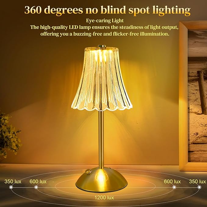 Cordless Table Lamps for Bedroom,Gold Cordless Battery Operated Table Lamp Rechargeable Decorative Bedside Dimmable Nightstand Lamp Small Touch Crystal Table Lamp,3 Color LED Lamp 2600mAh (Vintage)