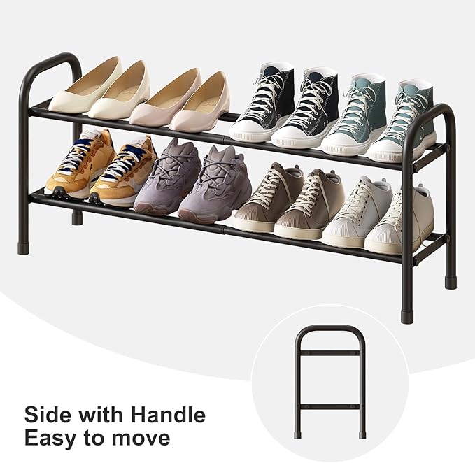 2-Tier Shoe Rack for Closet, Expandable Metal Shoe Organizer, Adjustable Shoe Shelf Storage Organizer, Standing Shoe Rack for Entryway Closet Doorway