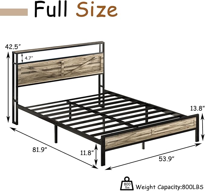 Full Size Bed Frame with LED Lights and Charging Station, Metal Platform Bed Frame Full with Storage and Rustic Barn Door Headboard, Noise Free, No Box Spring Needed, Easy Assembly, Wash Grey