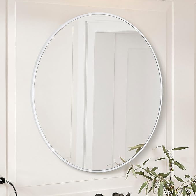 White Round Mirror 30 Inch,Circle Bathroom Vanity Mirror for Wall,Hanging Modern Tempered Glass Mirror for Entryway or Living Room