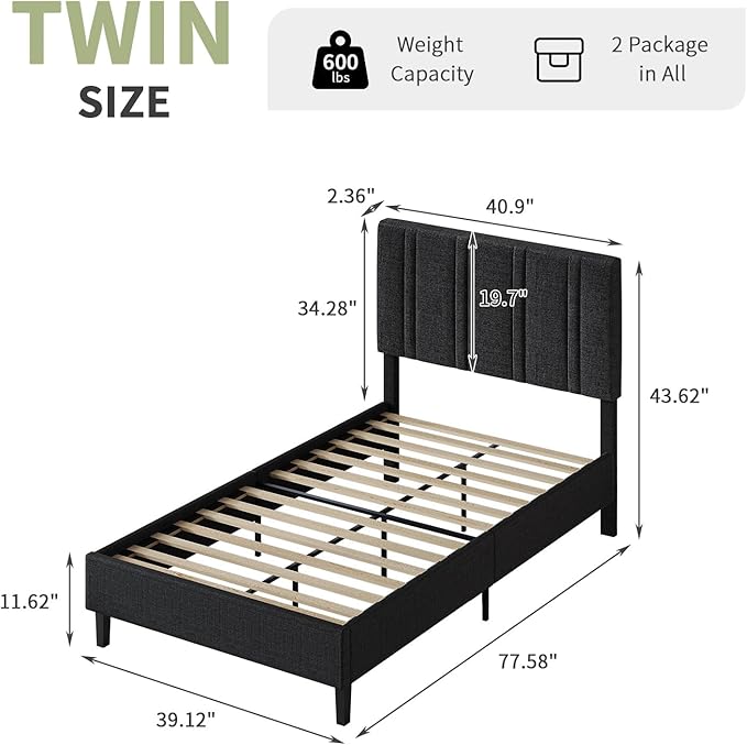 Twin Bed Frame, Upholstered Platform Bed with Button Tufted Headboard, Black Bed Frame Twin Size for Kids Girls Boys, No Box Spring Required, Easy Assembly, Black