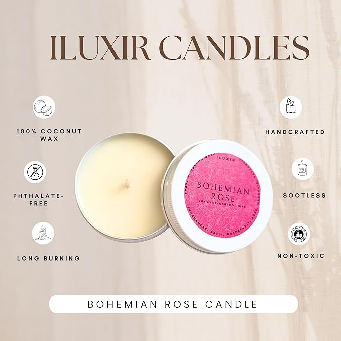 Bohemian Rose Scented Candles – Natural Coconut Wax, Long Burning & Non-Toxic Candle for Home & Office – Aromatic Magnolia & Patchouli – Eco-Friendly Scented Candles, Pack of 4 (2 oz. Each)