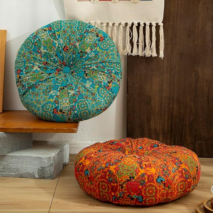 vctops Boho Cotton Linen Round Chair Seat Cushions for Dining Kitchen Office Chairs Patio Super Soft Printed Chair Pads Floor Pillow (Orange,22"x22")