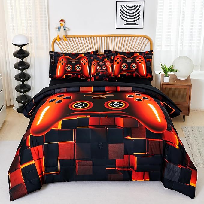 PERFEMET 6-Piece Gamer Comforter Black Orange Video Game Boys Bedding Set for Kids Teens Bedroom 3D Cool Soft Fluffy Gaming Bed in A Bag Set with Sheets(Orange, Queen)