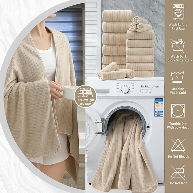 18 Piece Bath Towels Set,Ultra Soft Family Bathroom Towel Set with Hanging Loops-6 Bath Towels,6 Hand Towels,6 Washcloths,Highly Absorbent Quick Dry Shower Towel for Bathroom,Hotel,Spa-Beige Towel Set