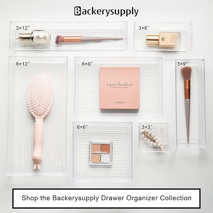 Backerysupply Clear Plastic Drawer Organizer Tray for Vanity Cabinet (6"×6"×2",Set of 8),Storage Tray for Makeup, Kitchen Utensils, Jewelries, and Gadgets…