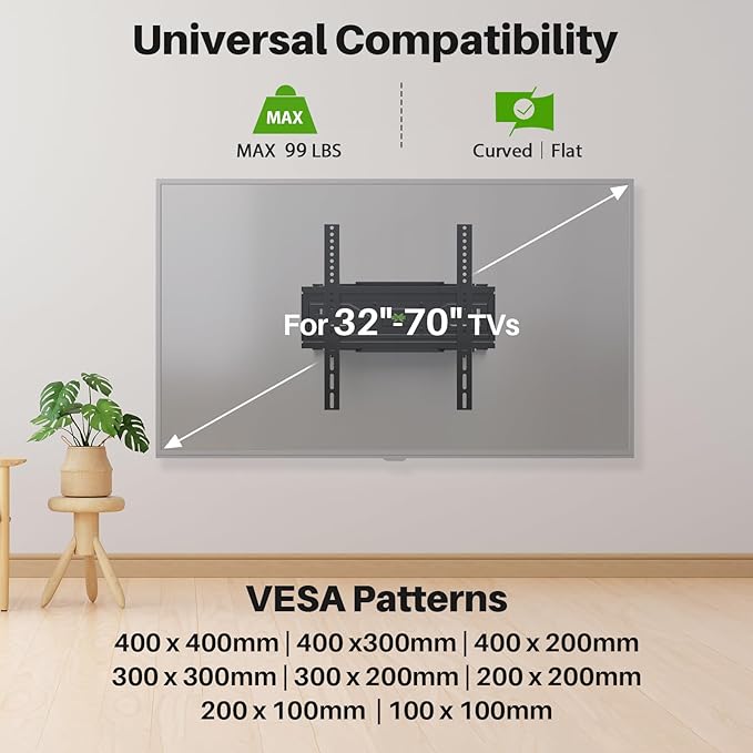 USX MOUNT Full Motion TV Wall Mount for Most 32-70 inch TVs up to 99 lbs, Wall Mount Bracket with Dual Articulating Arms, Swivel, Tilt, Max VESA 400x400mm, TV Mount Fits 12”/16” Wood Studs