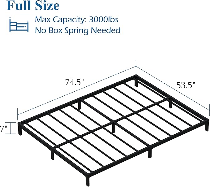 7 Inch Full Size Bed Frame Heavy Duty Low Profile Metal Platform No Box Spring Needed Mattress Foundation, Easy to Assembly, Noise Free, Black