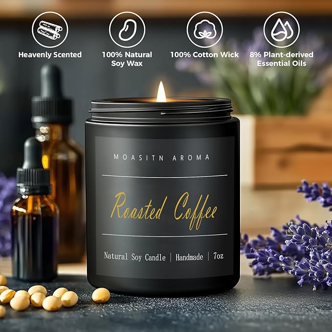 MOASITN Roasted Coffee Highly Scented Candle for Home|Organic Soy Candel| Handmade Long Lasting Aromatheraphy Jar Candles| Gift for Women,Men for Relaxing,Housewarming,Autumn|7oz