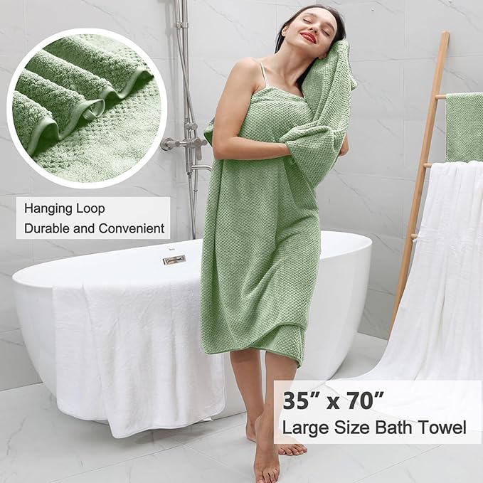8 Piece Green Family Bath Towel Set-2 Oversized Bath Towel Sheets,2 Hand Towels,4 Washcloths-600GSM Soft Highly Absorbent Quick Dry Beach Chair Towels Woven Towels for Bathroom Hotel and Spa