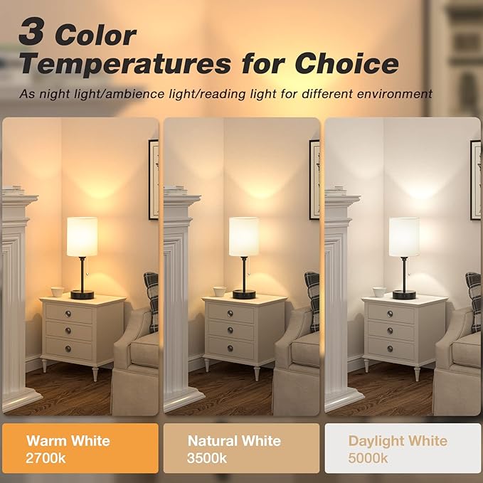 Bedside Table lamp for Bedroom Set of 2-3 Color Temperatures Small Lamps with USB C and A Ports, Pull Chain Table Lamps with AC Outlet, White Nightstand Lamps with Black Metal Base for Kids Reading