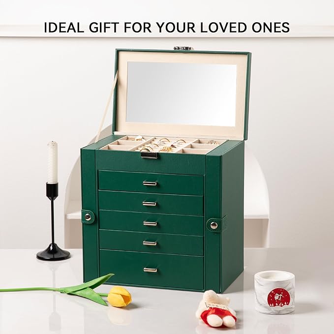 Frebeauty Large Jewelry Box,6-Tier PU Leather Jewelry Organizer,Multi-functional Storage Case with Mirror,Accessories Holder with 5 Drawers for Necklace Bracelets Watches(Blackish Green)