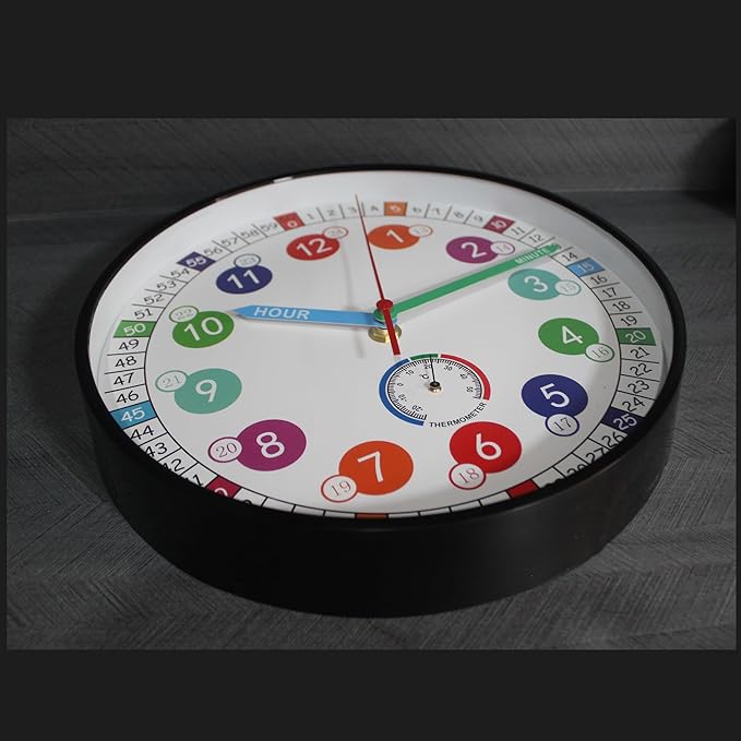 Wall Clocks,10Inch Learning Time Clock, Colorful Clock Face Silent Clocks with Simple Thermometer,Clear Digital Wall Clock (Black)