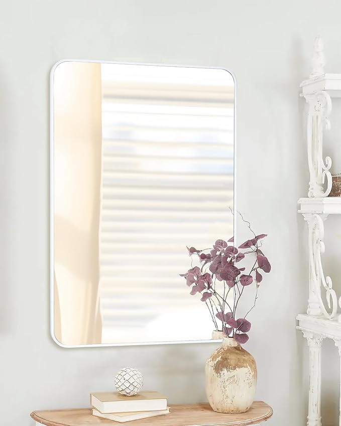 White Bathroom Mirror,24 x 36 Inch Rectangle Wall Mirror with Wood Frame,Vanity Modern Tempered Glass Mirror for Bedroom,Entryway,Living Room