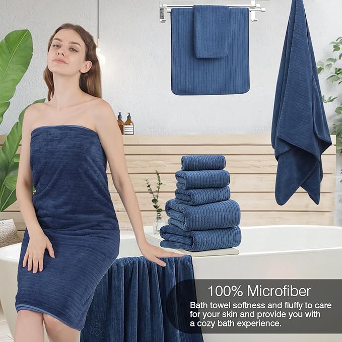 18 Piece Family Bath Towel Set Include 6 Bath Towels,6 Hand Towels and 6 Washcloths Soft Bathroom Towel with Hanging Loops,Highly Absorbent Quick Dry Towels Set for Bathroom,Hotel and Spa-Navy