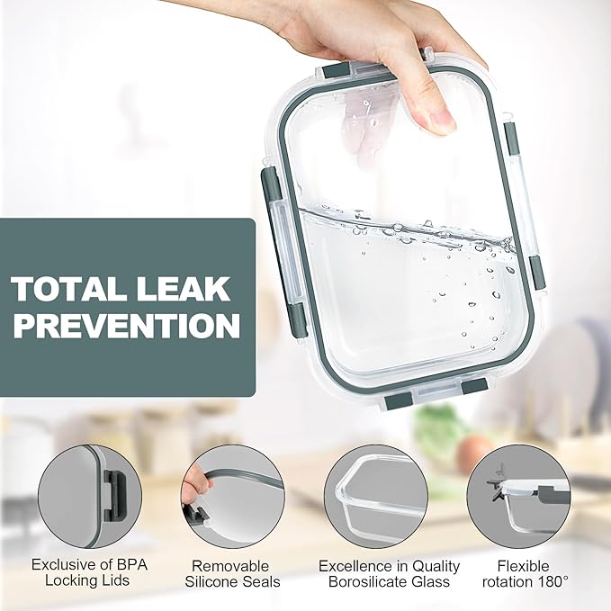 VERONES 10 Pack Glass Meal Prep Containers, Airtight Glass Lunch Containers, Stackable Glass Food Storage Containers Set with Lids,Exclusive of BPA,for Microwave, Oven, Freezer & Dishwasher,Grey